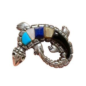 Native American Lizard Pendant Brooch Multi Stone Inlay Sterling Turquoise